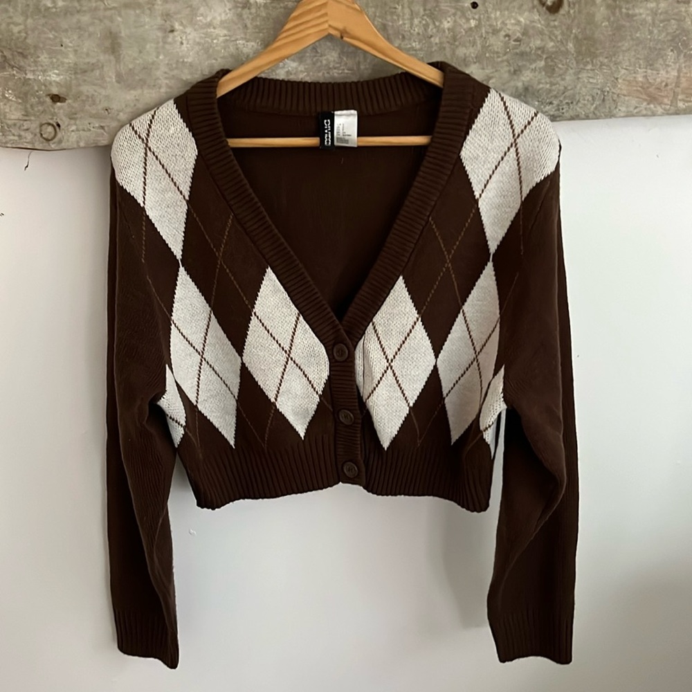 Crop argyle cardigan